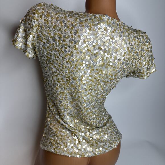 Gianna Paris Gold Silver Sequin Top V Neck M Y2K Glam Party NYE Stretchy - Picture 2 of 10